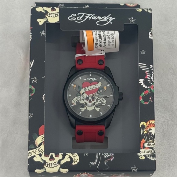 Ed Hardy Love Kills Slowly Mens Watch Red Silicone Strap Black Case 50459 Quartz - Picture 4 of 4